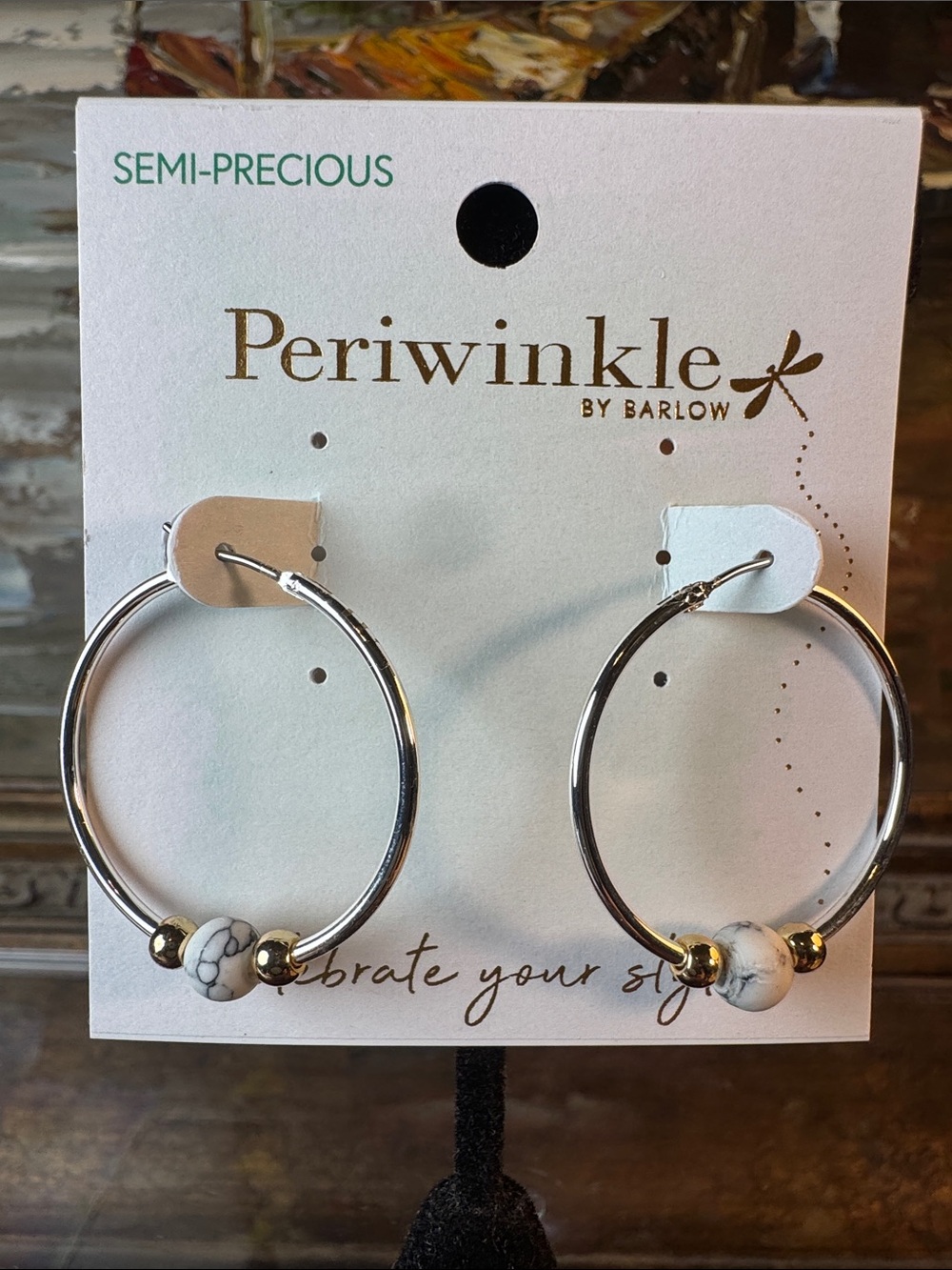 0455-Periwinkle by Barlow Silver Hoops with White Marbled and Gold Accent Beads